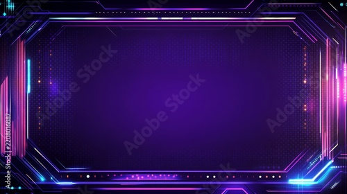 Abstract futuristic neon border frame with digital technology light effects and purple glow backdrop