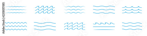 Set of line water waves icon. Blue sea waves vector illustration flat simple lines. Water logo, line ocean symbol in vector flat style. Ocean, sea waves symbols set. Wave line and wavy zigzag lines.
