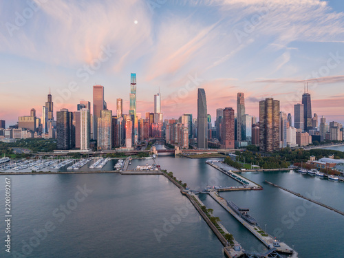 Chicago Skyline Over Harbor and River at Sunrise