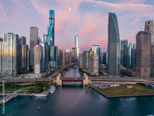 Chicago River Corridor and Skyline Beneath the Moon