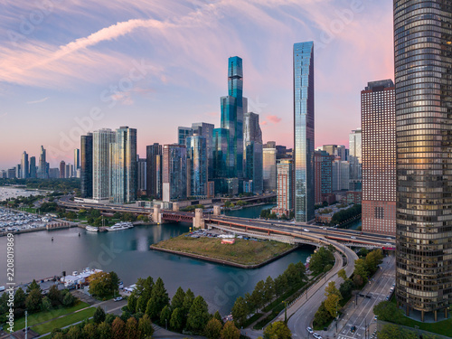 Aerial Chicago River and Lakefront Skyline at Twilight