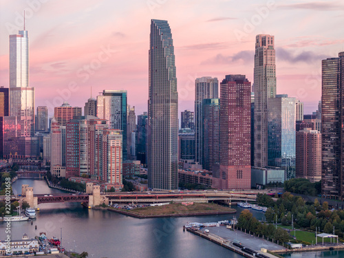 Downtown Chicago Towers and River at Pink Twilight