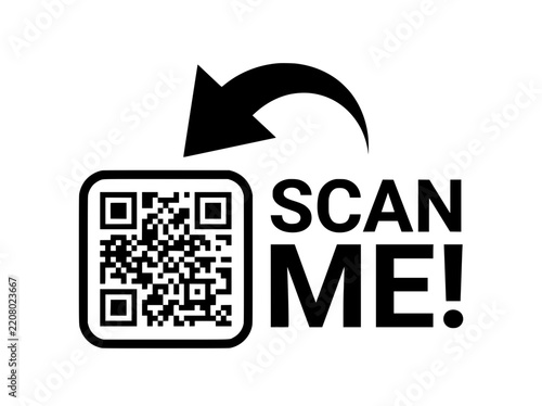 Minimalist black scan me QR code icon with arrow, digital barcode vector illustration, mobile barcode scanning symbol for marketing and packaging