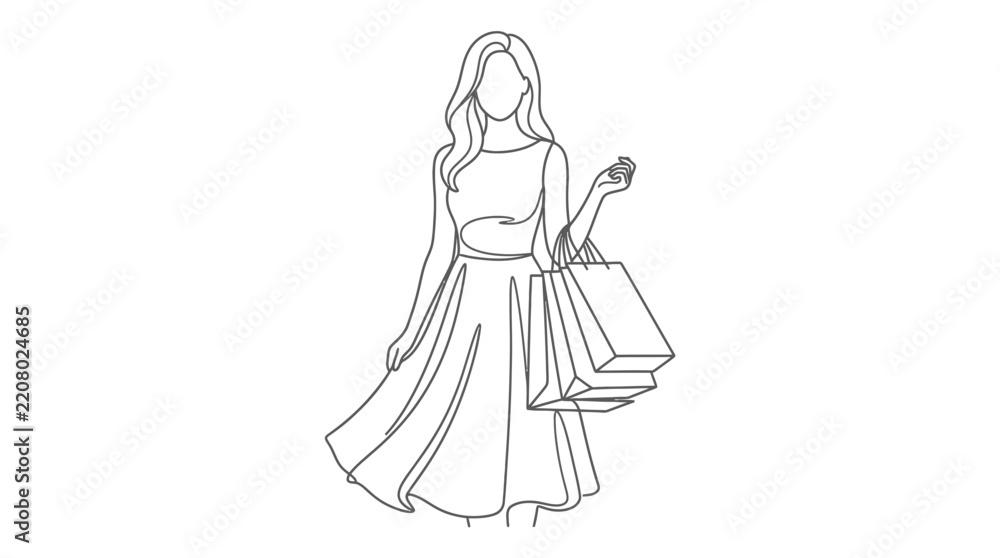 Fototapeta premium Minimalist Continuous Line Art Drawing of a Stylish Woman Carrying Multiple Shopping Bags and Wearing an Elegant Summer Dress, Modern Vector Illustration for Fashion, Retail, and Lifestyle Concepts
