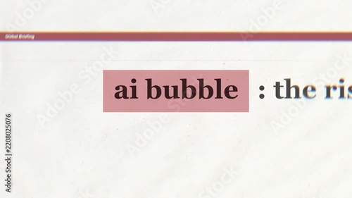 AI bubble phrase highlighted in a news article match cut animation. Artificial intelligence hype, tech bubble and investment risk headline