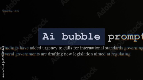 AI bubble phrase highlighted in a news article match cut animation. Artificial intelligence hype, tech bubble and investment risk headline