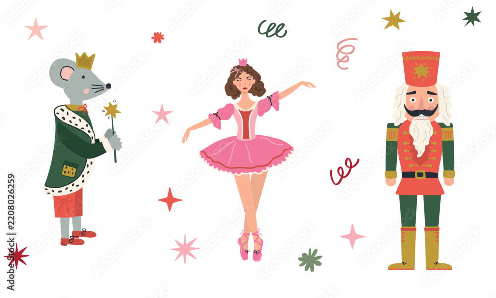 Obraz premium Cute Nutcracker ballet fairytale characters set with ballerina princess mouse king and stars