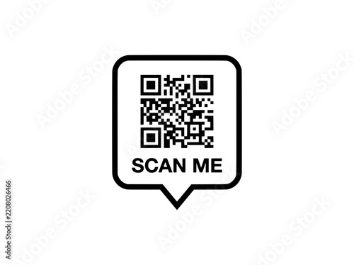 Minimalist scan me QR code icon, black speech bubble barcode label vector, digital reader square code element for mobile payment
