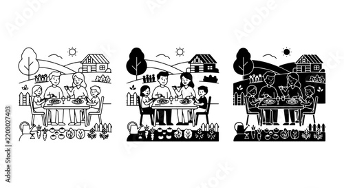 Family Mealtime Vector Icons, Farmhouse Scene Graphics, Outdoor Dining Illustrations