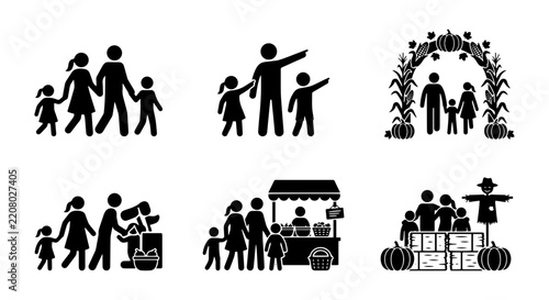 Family Icons Set: Autumn Harvest, Market Stall, Scarecrow, Pumpkin Arch, Stick Figures