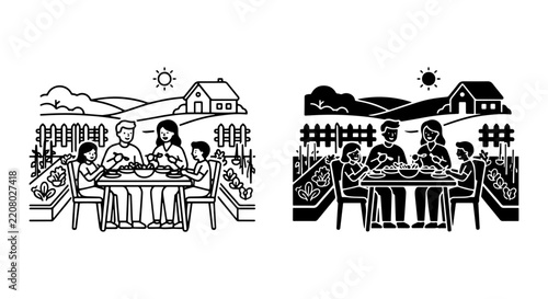 Family Dinner Outdoors, Rural Farmhouse Scene, Summer Picnic Lifestyle, Black and White Vector Art