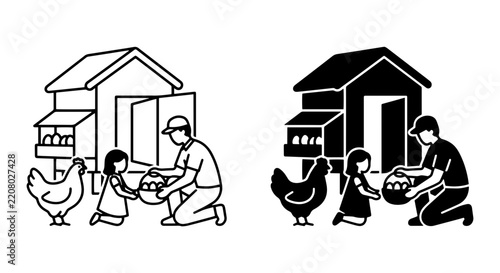 Farm Family Collecting Eggs, Rural Homestead Scene, Father Daughter Gathering Fresh Produce, Countryside Lifestyle Vector Icons