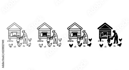 Farm Life Icons: Farmer Feeding Chickens, Chicken Coop, Rural Scene, Vector Set