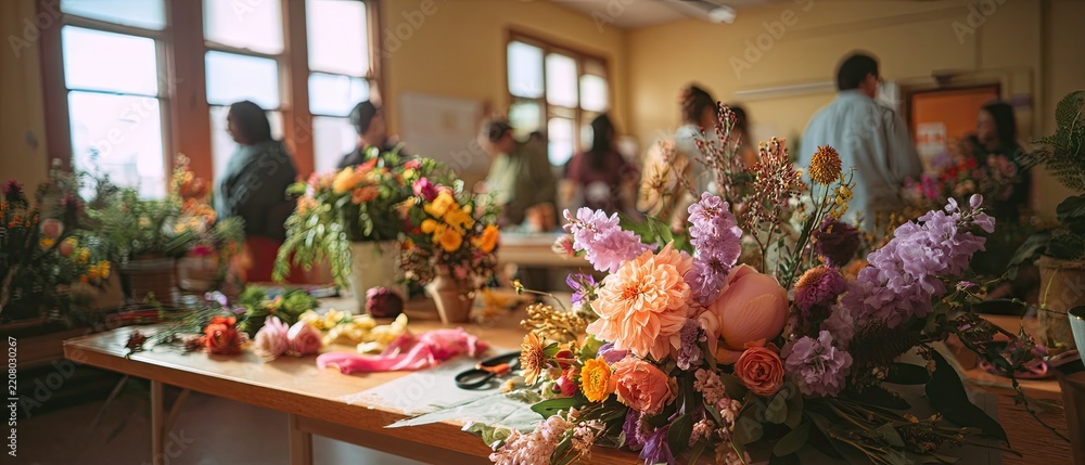 Fototapeta premium Floral arrangement features vibrant flowers in various colors on table. Background includes people engaged in flower design. Warm light enhances inviting atmosphere