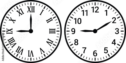 Clock face set with roman and arabic numerals showing time on a white background