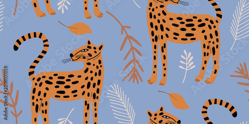 Illustrated Leopard and Botanical Blue Background
