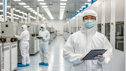 Technicians in cleanroom suits work in semiconductor manufacturing facility, focusing on precision and technology