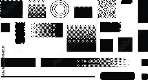 Halftone patterns, a collection of various black and white pixelated shapes and gradient textures