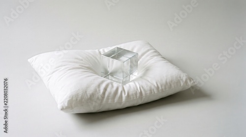 Glass cube rests upon a soft white pillow, creating a gentle indentation that emphasizes the weight and physical presence of the object.