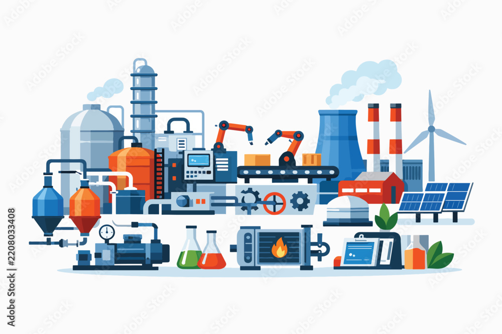 Fototapeta premium Industrial automation and renewable energy factory concept illustration