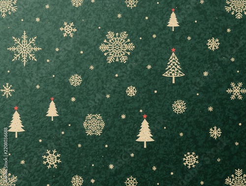 Seamless christmas pattern with golden snowflakes and stylized fir trees on a dark green textured background