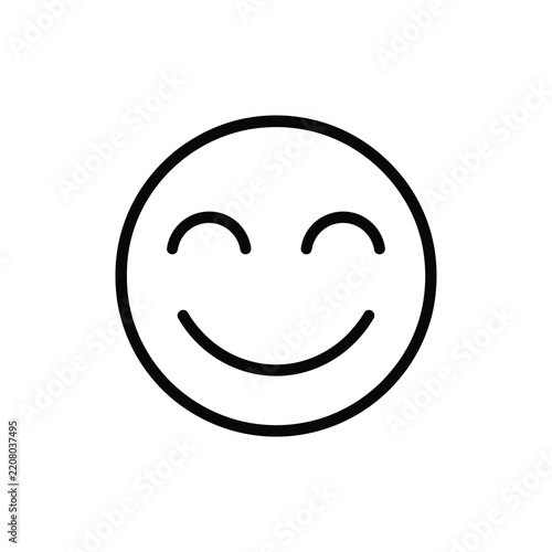 Simple smiling emoji face icon with closed eyes and mouth, black and white