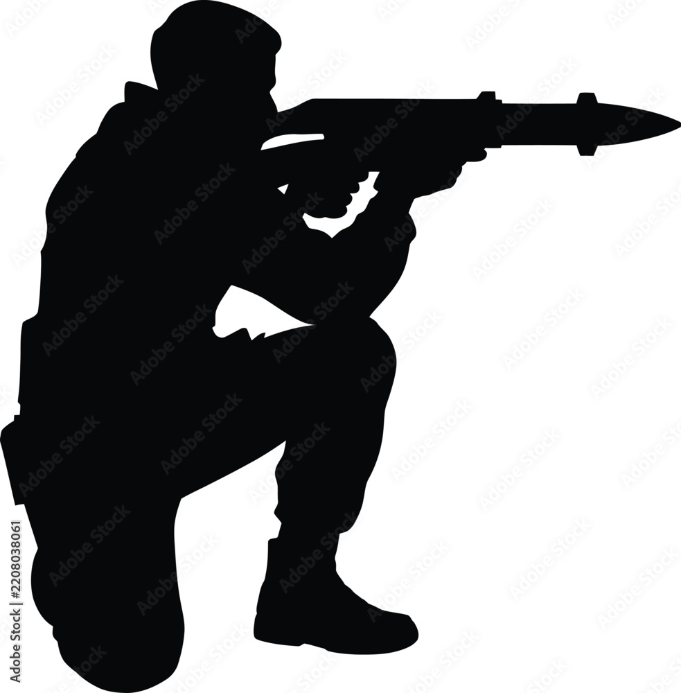 Obraz premium Black silhouette of a soldier aiming a rocket launcher while kneeling white