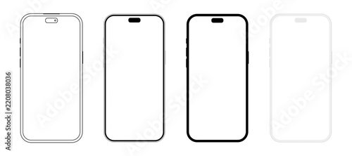 Modern smartphone mockup with blank white screen. Front view of mobile phone device in realistic, clay, outline and flat vector illustration style