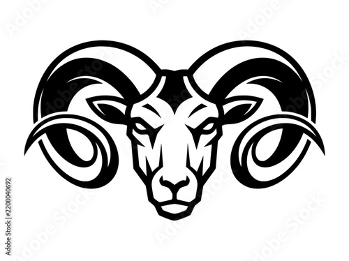 Ram head logo vector, strong bighorn sheep mascot emblem, black and white horned animal illustration for sports team branding