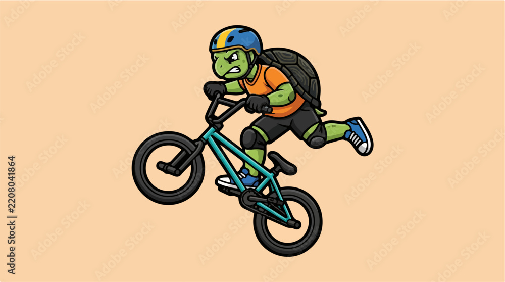 Obraz premium Active turtle character performing stunts on a BMX bicycle.
