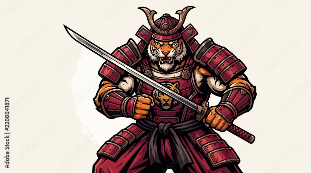 Obraz premium Detailed tiger samurai mascot holding a sharp katana.