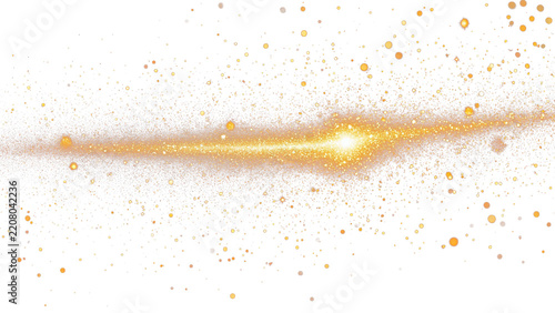 Glowing golden horizontal stardust streak with bright particles on transparent background.