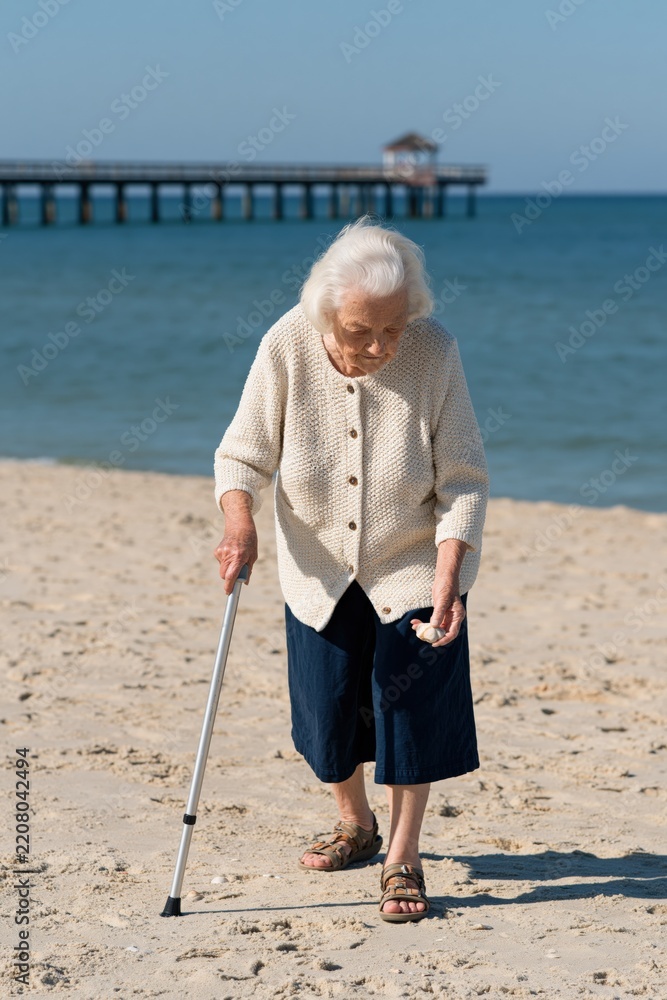 Fototapeta premium Elderly woman using cane on sandy shore picking up shell near calm sea for senior independence background and healthcare wellness banner design