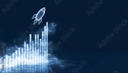 Futuristic Rocket Launch with Graphical Data and Cloud Formation in Space Setting