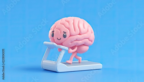 A whimsical 3D illustration of a smiling pink brain character running on a treadmill.