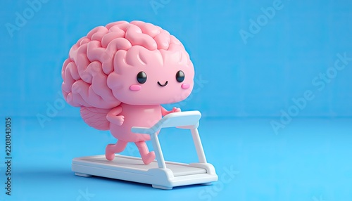 A cute cartoon brain character running on a treadmill with a smile.