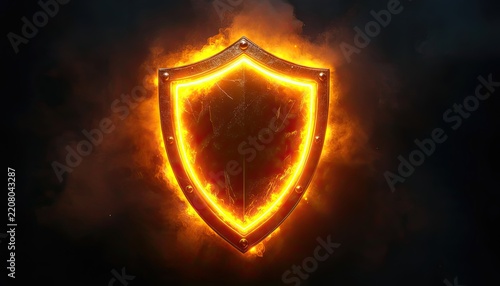 A glowing, fiery shield emblem on a dark, smoky background.