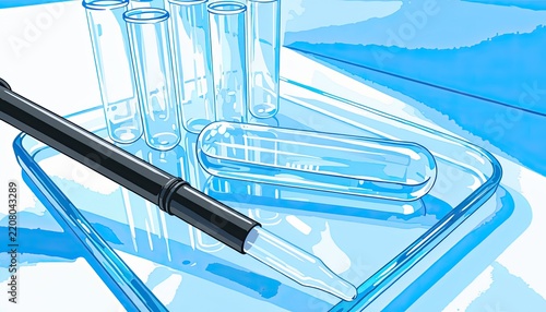 Scientific laboratory equipment including test tubes and a pipette.