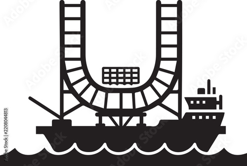 Bold black vector illustration of a cargo ship passing under an open drawbridge with a container on deck, isolated on a white background.