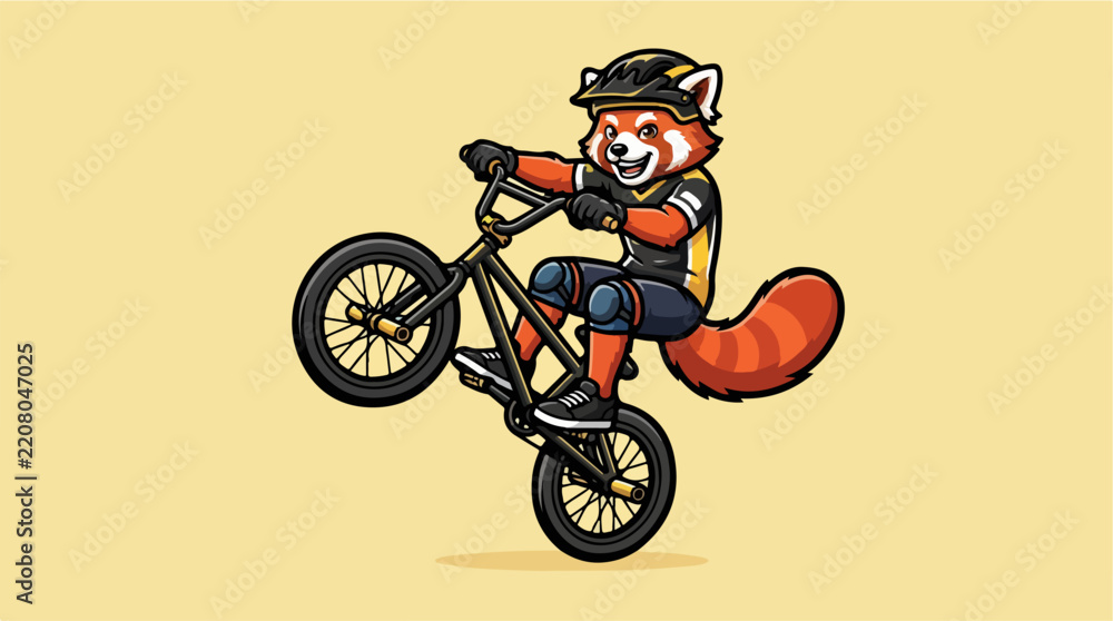 Obraz premium Red panda character riding a BMX bike doing wheelie.