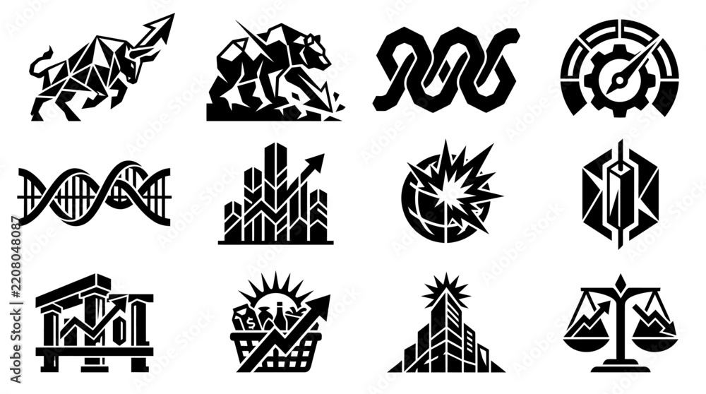 Fototapeta premium Financial market trading and economic growth icons with analysis currency investment statistics business commerce exchange corporate performance forecast projection portfolio financial