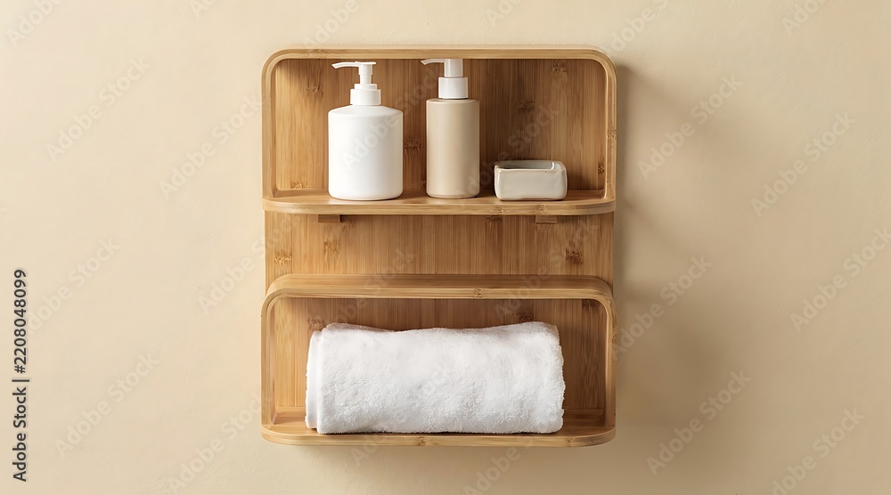 Obraz premium Minimalist Bamboo Wall Mounted Shelf in a Modern Bathroom Featuring White Soap Dispenser Bottles and a Rolled Soft Towel Against a Neutral Background for Eco Friendly Home Organization