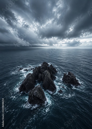 Dark waves crash against rugged rocks under stormy skies, creating a moody and powerful seascape filled with dramatic tension.
