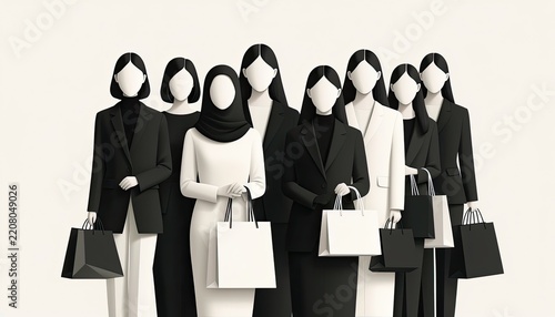 A group of diverse women in business attire holding shopping bags.