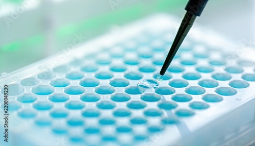 A laboratory pipette dispenses a liquid into a well plate.