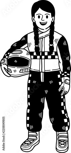 black and white illustration of Girl in a race car driver costume