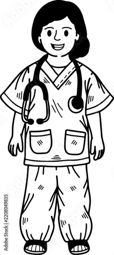 black and white illustration of Girl in a doctor costume