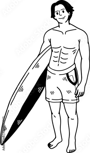 black and white illustration of A man is holding a surfboard