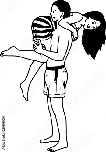 black and white illustration of A man is carrying his partner