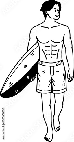 black and white illustration of A man is holding a surfboard